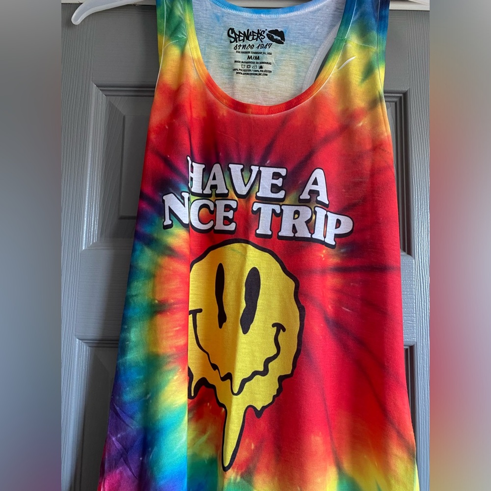 Spencer’s tank top Rainbow tie-dye smiley face “Have a nice trip” Size Medium